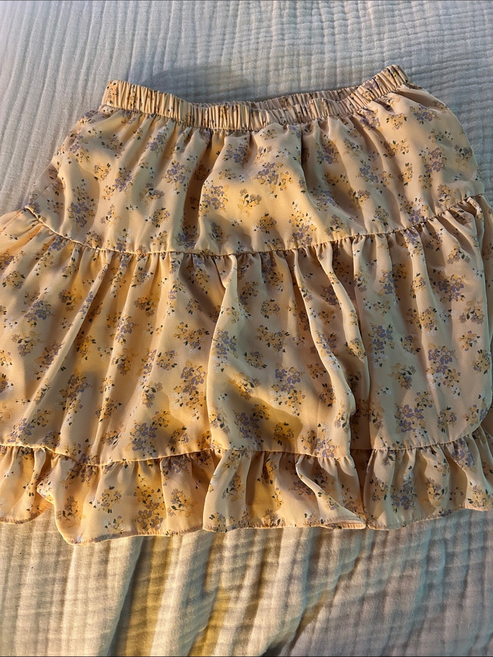twik Pale Yellow Floral Tiered Ruffle Mini Skirt